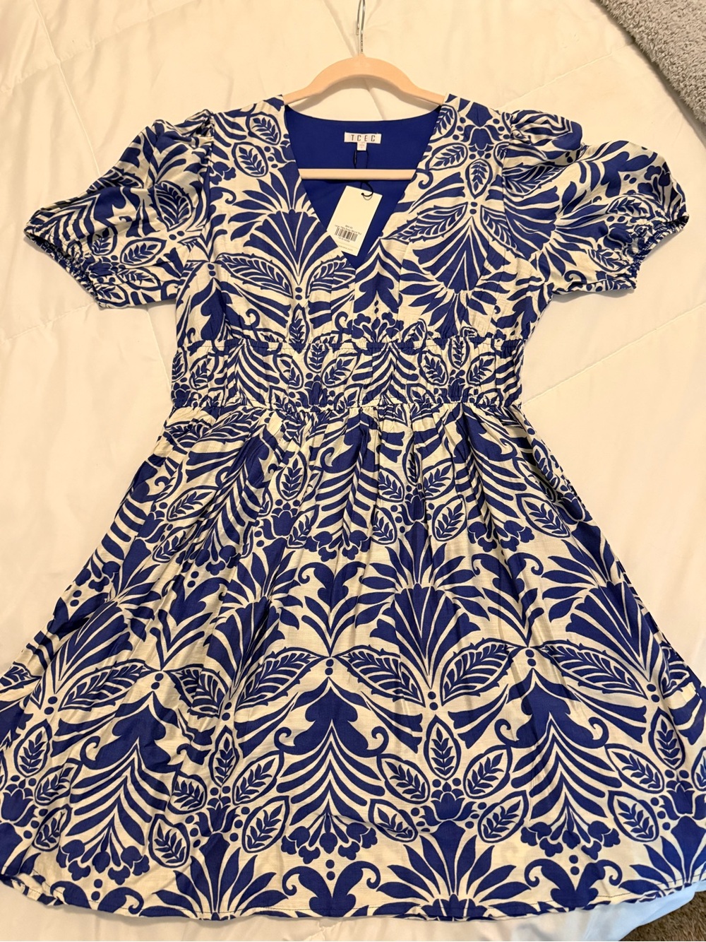 New Blue and White Floral Smocked Waist Mini Dress